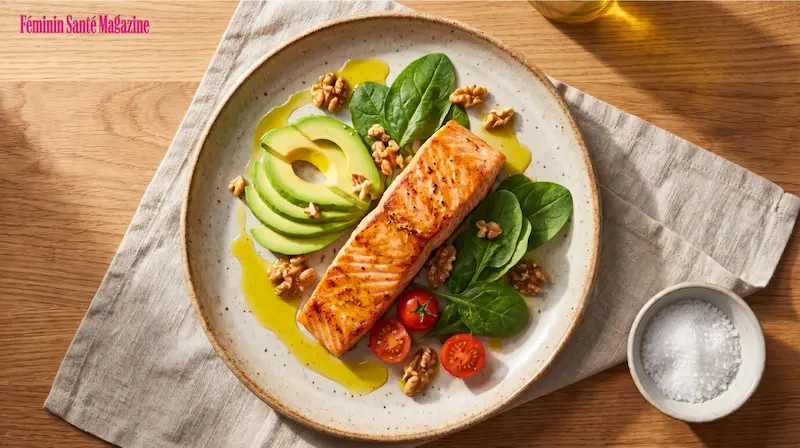 Assiette colorée riche en oméga-3 et antioxydants, idéale pour soulager les douleurs articulaires à la ménopause