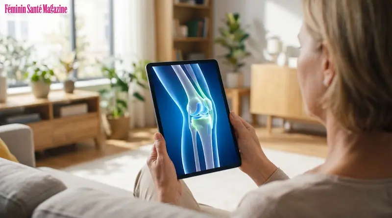 Schéma médical simplifié sur tablette expliquant la dégradation du cartilage liée aux douleurs articulaires à la ménopause