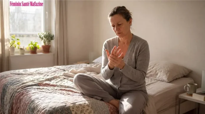 Femme de 50 ans massant ses mains douloureuses au réveil, illustrant les raideurs et douleurs articulaires à la ménopause