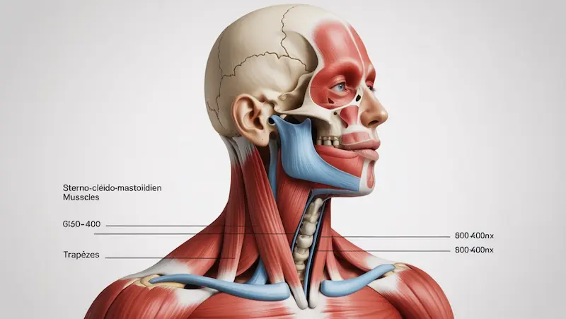 Schéma anatomique des muscles du cou montrant le sterno-cléido-mastoïdien et les trapèzes impliqués dans le torticolis