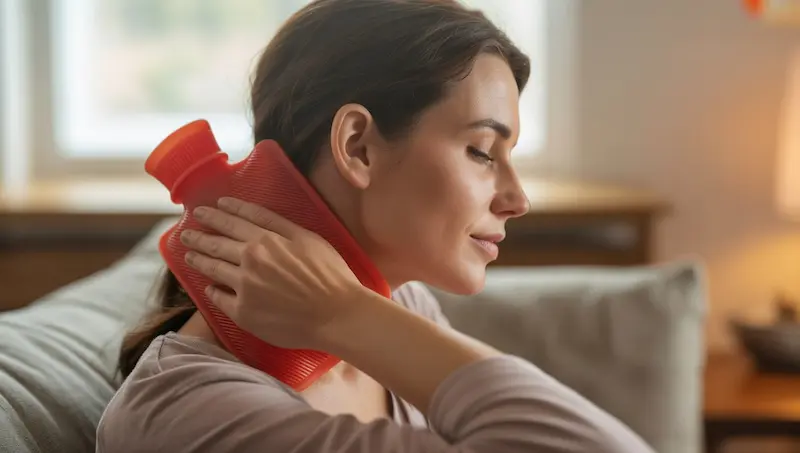 Personne appliquant une bouillotte chaude sur la nuque pour soulager un torticolis