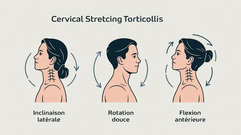 Schéma démontrant les exercices d'étirements cervicaux pour soulager le torticolis : inclinaison latérale, rotation, flexion