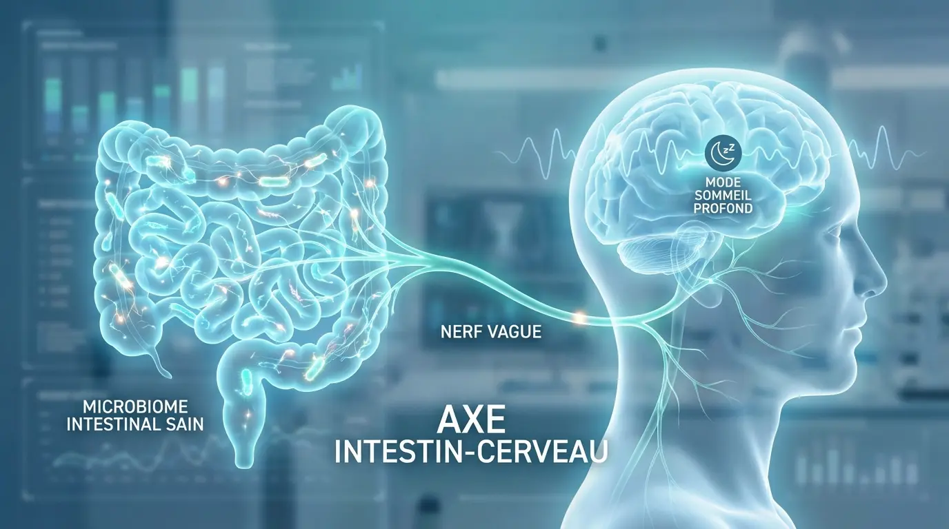 Schéma médical montrant l'axe intestin-cerveau avec un microbiome intestinal sain communiquant via le nerf vague vers un cerveau en mode sommeil profond. Illustration des psychobiotiques comme alternative naturelle pour dormir