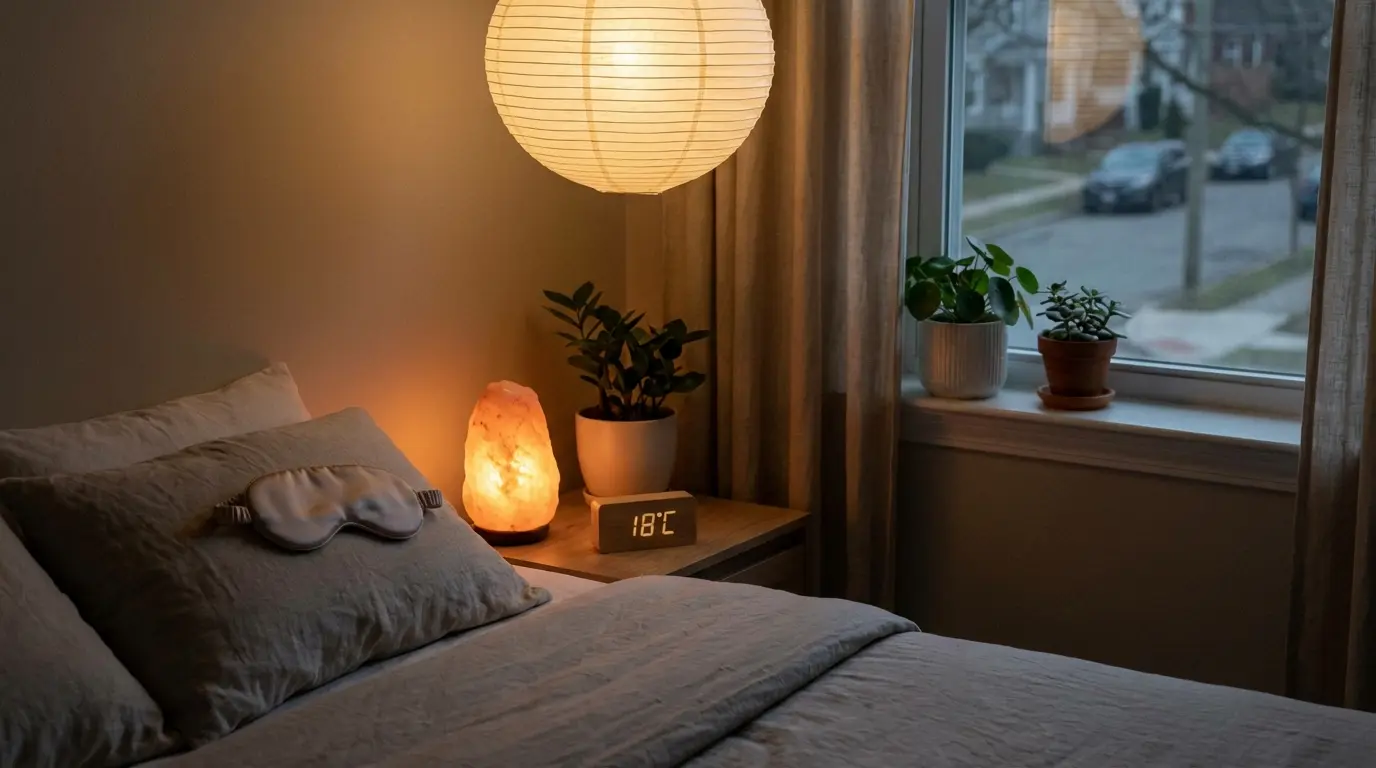Chambre à coucher zen avec lumière tamisée, masque de sommeil sur l'oreiller et réveil indiquant 18°C pour favoriser l'endormissement naturel par la chronobiologie.