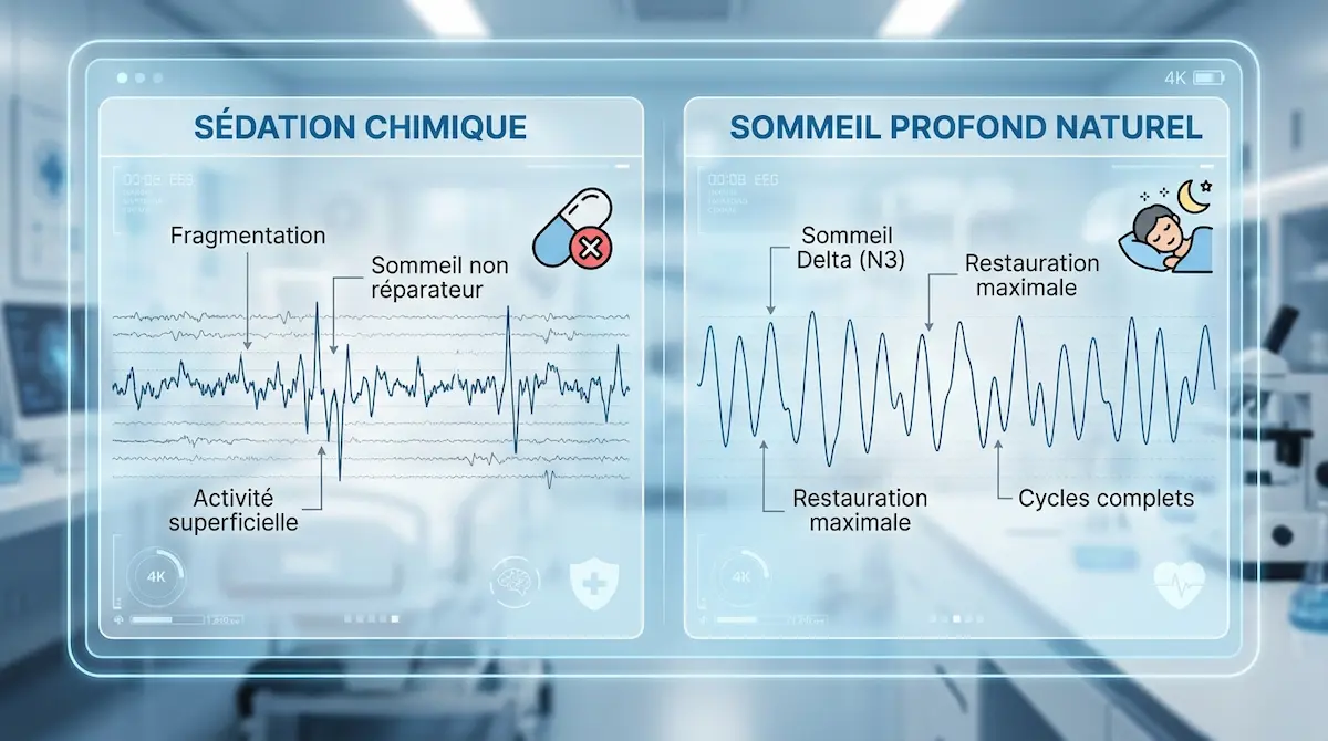 Infographie médicale comparant l'efficacité sur le sommeil profond des solutions naturelles sans effet secondaire versus la dégradation de l'architecture du sommeil par les benzodiazépines