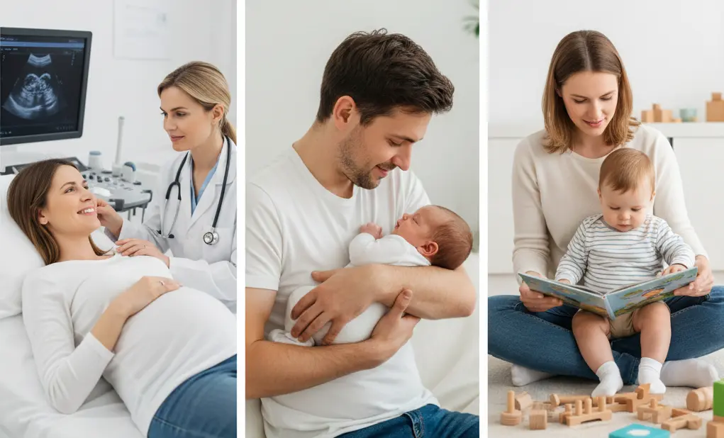 Triptyque sur la famille : une femme enceinte lors d'une échographie de contrôle, un père tenant tendrement son nouveau-né, et une mère lisant un livre avec son enfant de deux ans