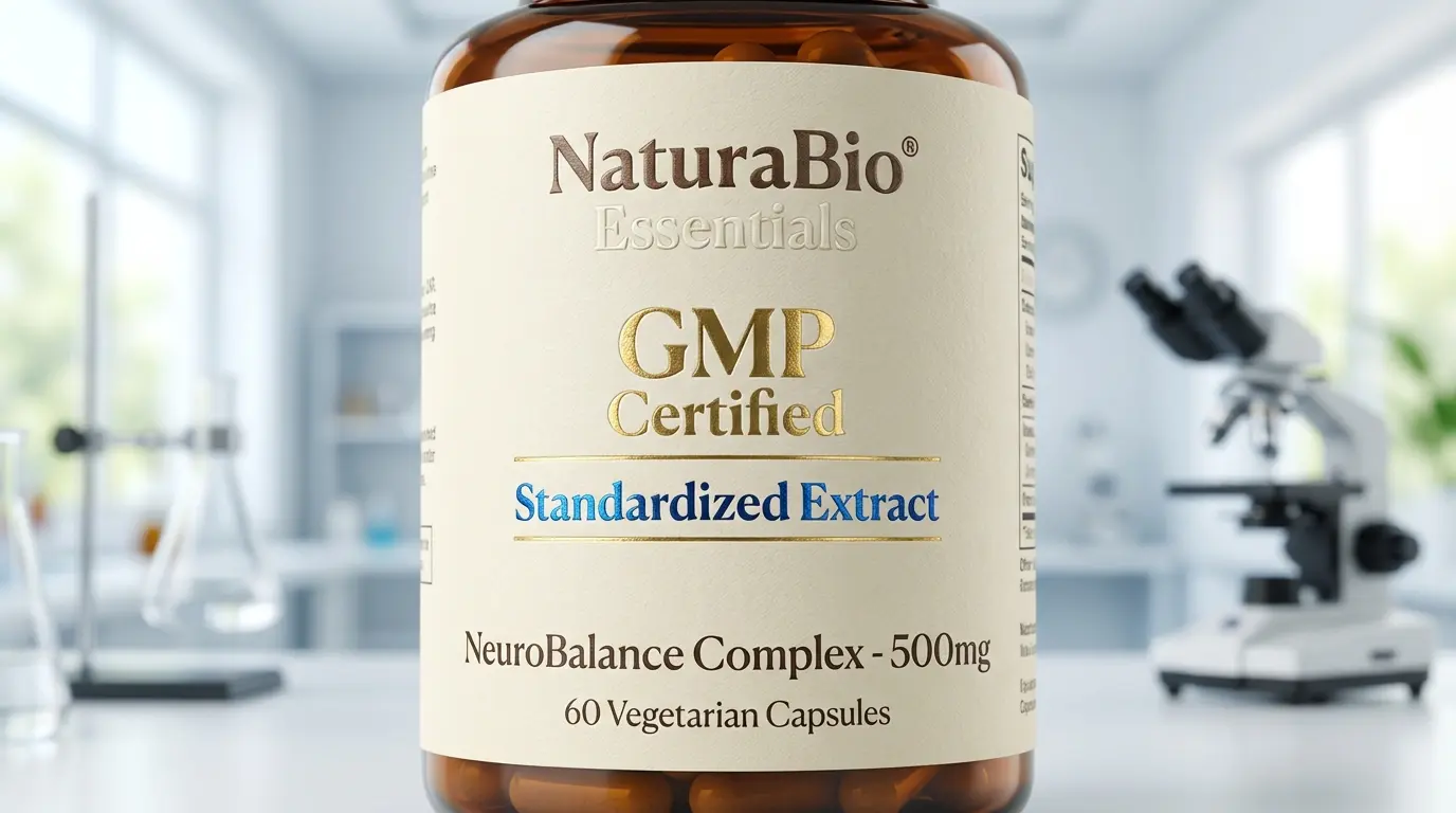 Gros plan sur une étiquette de complément alimentaire certifié Meilleur somnifère sans effet secondaire affichant les mentions GMP Certified et Standardized Extract sur fond de laboratoire médical flou