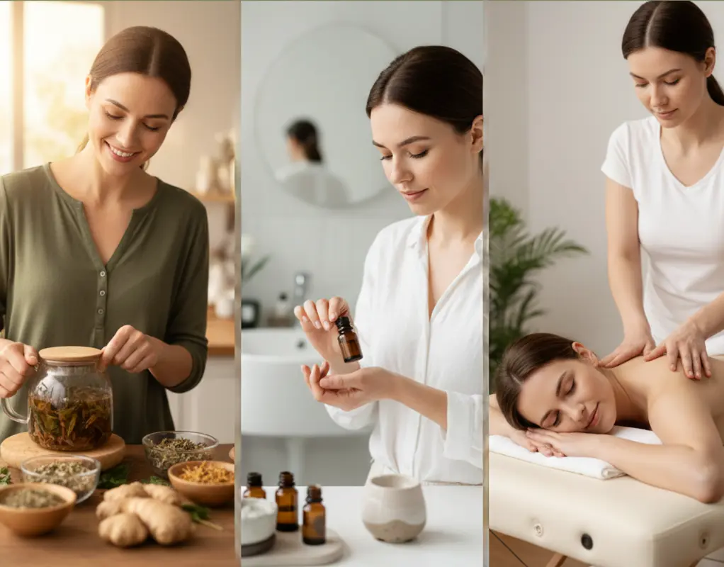 Triptyque de pratiques de naturopathie : une femme préparant une infusion de plantes médicinales fraîches, une femme appliquant délicatement une huile essentielle sur son poignet, et une femme recevant un massage thérapeutique du dos
