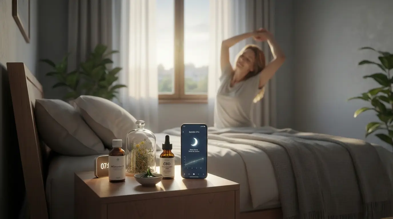 Comparatif des meilleures solutions pour dormir sans effets secondaires en 2026 : flacons de mélatonine LP, huiles de CBD certifiées et application de thérapie digitale (DTx) sur une table de nuit, avec une femme se réveillant en pleine forme en arrière-plan