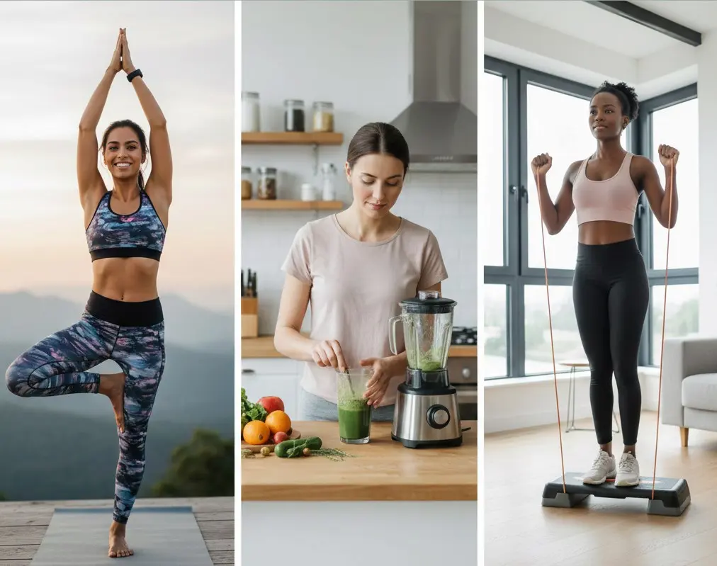 Trois femmes pratiquant différentes méthodes de minceur : yoga en plein air, préparation d'un smoothie détox en cuisine et exercice de fitness sur un step