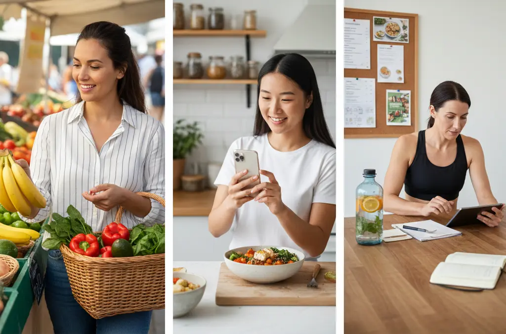 Trois femmes adoptant des habitudes nutritionnelles saines : choisir des fruits et légumes frais au marché, prendre en photo un bol de nourriture équilibrée et planifier ses repas sur une tablette