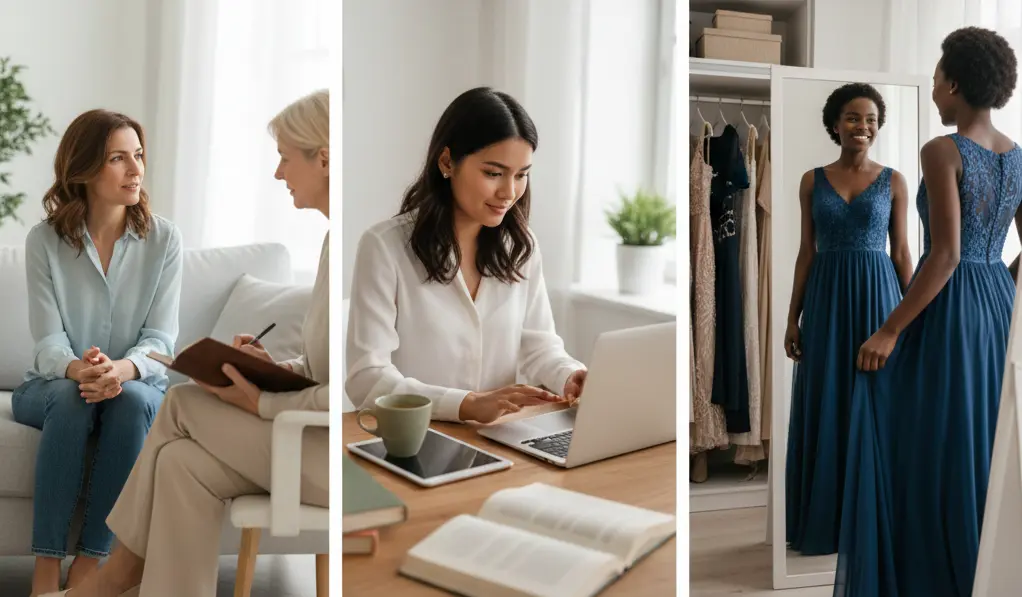 Trois scènes de psychologie sociale : une femme en consultation chez une thérapeute, une jeune femme effectuant des recherches sur son ordinateur, et une femme souriante essayant une robe de soirée devant un miroir