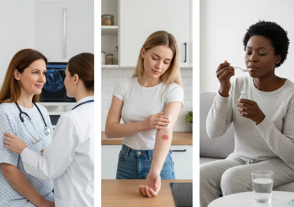 Montage illustrant la santé féminine : une femme lors d'une consultation médicale avec une spécialiste, une jeune femme appliquant une crème dermatologique sur une rougeur au bras, et une femme prenant un complément de santé