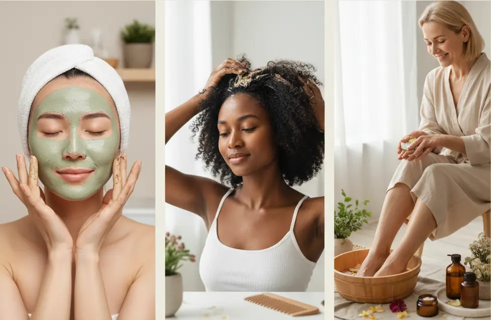 Trois femmes pratiquant des soins naturels : une femme avec un masque purifiant à l'argile verte sur le visage, une femme massant un soin capillaire sur ses cheveux bouclés, et une femme appliquant une crème hydratante lors d'un bain de pieds relaxant