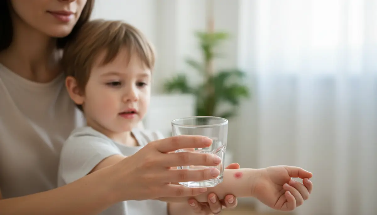 Une mère appliquant un verre transparent sur une rougeur sur le bras de son enfant pour effectuer le test de la vitropression après une morsure d'insecte