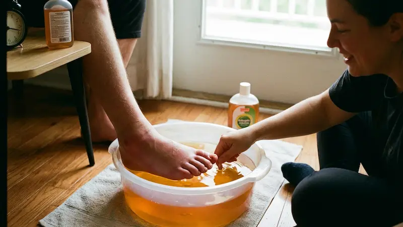 Le bain de pied antiseptique tiède est le tout premier geste d'urgence pour désenflammer les tissus endoloris Femme réalisant un bain de pied tiède pour calmer la douleur d'un ongle incarné du pied inflammé