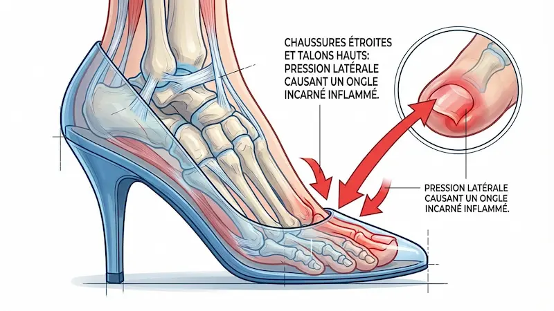 Les chaussures à bout pointu compriment les orteils et forcent l'ongle à s'enfoncer douloureusement dans la chair Schéma montrant la pression des chaussures à talons qui provoque un ongle incarné du pied inflammé