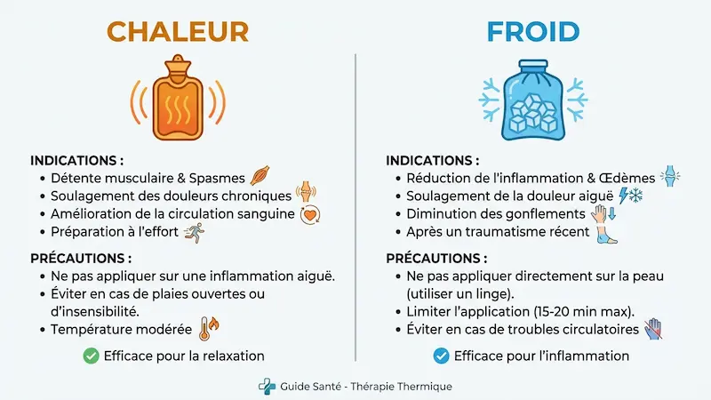 Tableau comparatif : Quand utiliser la chaleur ou la glace pour un cou bloqué ? Infographie médicale comparant les bienfaits du chaud (thermothérapie) pour les contractures musculaires et du froid (cryothérapie) pour l'inflammation du cou.
