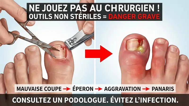 Essayer d'arracher le coin de l'ongle soi-même aggrave la blessure et crée un pic tranchant sous la peau Illustration des complications et du risque d'infection si l'on coupe mal un ongle incarné du pied inflammé