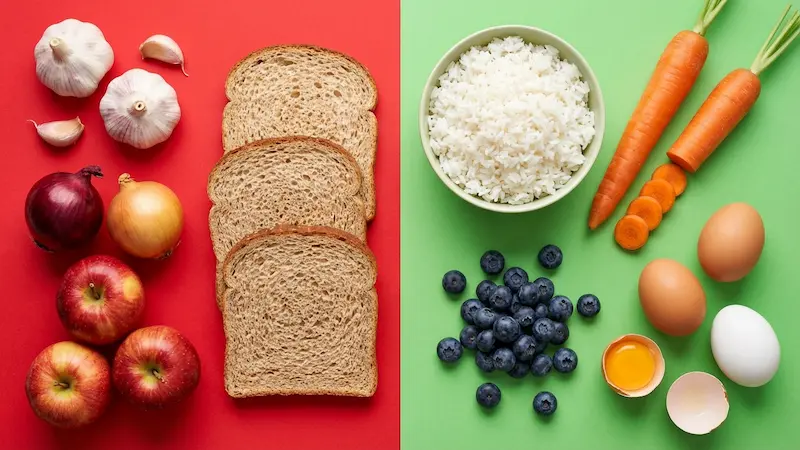 Tableau photo divisé en deux : Aliments qui font gonfler (Ail, Oignon, Pomme, Blé) vs Aliments ventre plat (Riz, Carotte, Banane, Poulet).