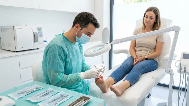L'intervention du pédicure-podologue est rapide, hygiénique et vous soulage instantanément de la douleur Pédicure-podologue soignant en douceur un ongle incarné du pied inflammé avec du matériel stérile