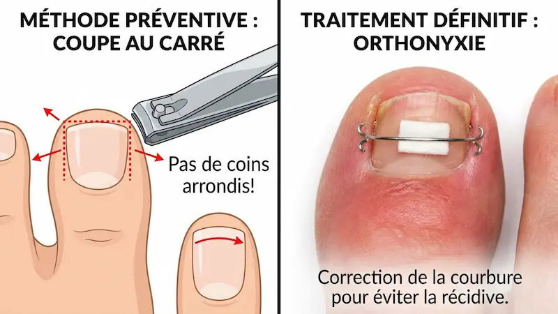 Une coupe strictement droite ou la pose d'un fil correcteur (orthonyxie) empêchent l'ongle de s'incarner à nouveau Démonstration d'une coupe d'ongle droite et d'un fil d'orthonyxie pour prévenir un ongle incarné du pied inflammé