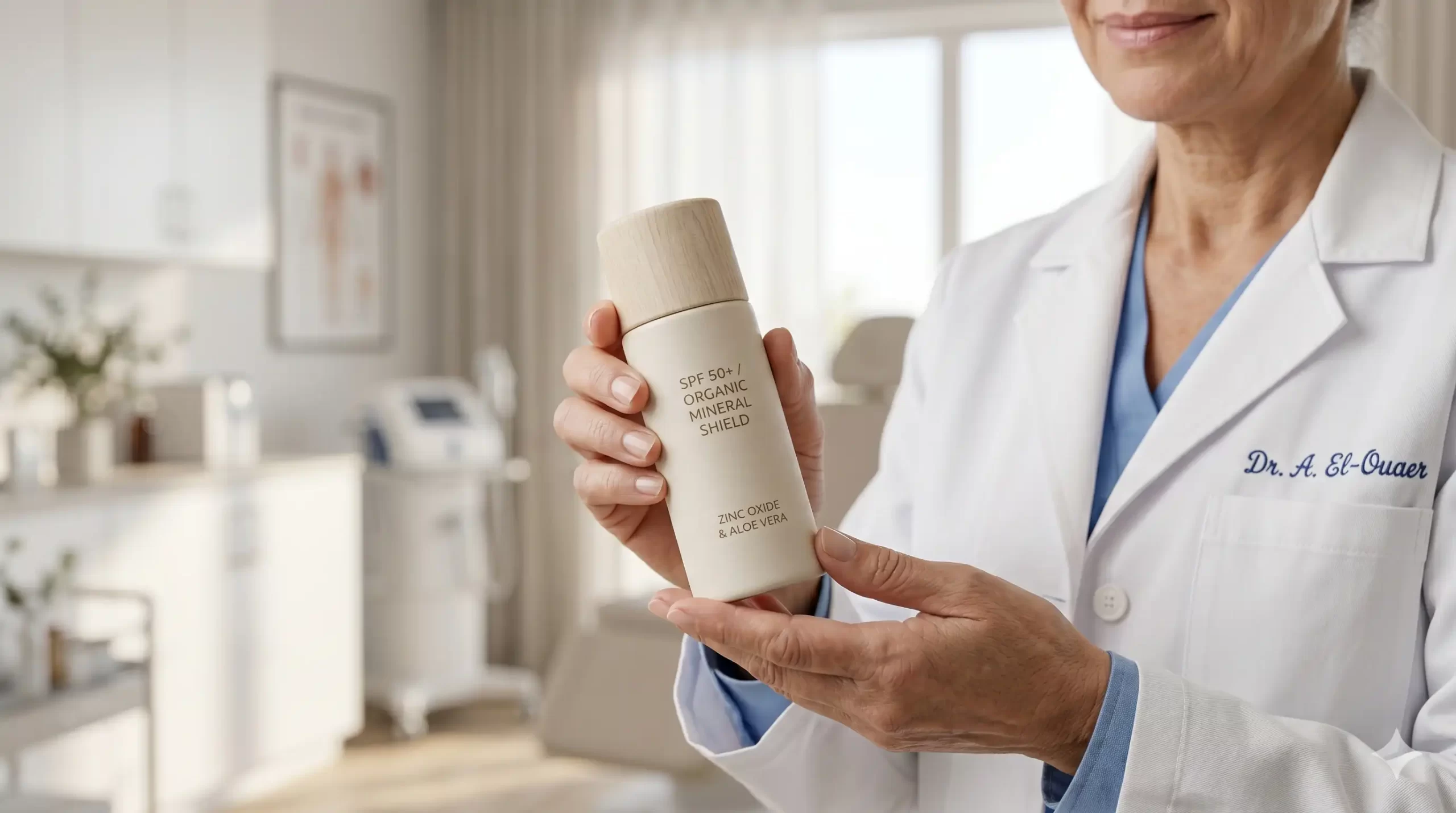 Dermatologue recommandant une crème solaire en France haute protection pour prévenir le photovieillissement et protéger la peau.