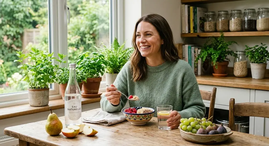 Femme souriante préparant un verre d'eau et des kiwis frais sur un plan de travail lumineux, symbolisant les remèdes naturels contre la constipation.